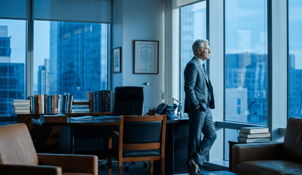 Empresário sênior pensativo sobre planejamento sucessório de sua empresa